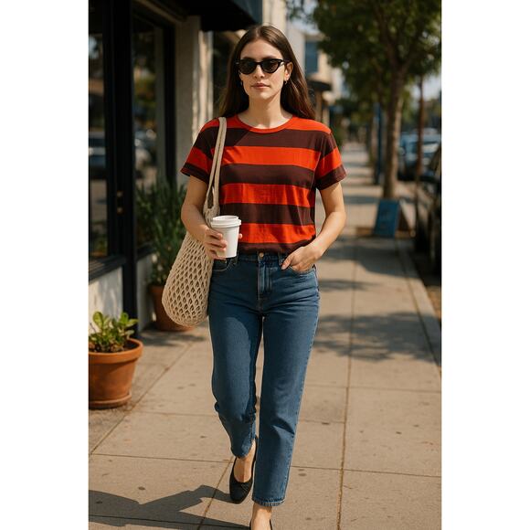 Clare V. Rugby Stripe Petite Tee In Navy/Poppy Size M - Picture 1 of 8